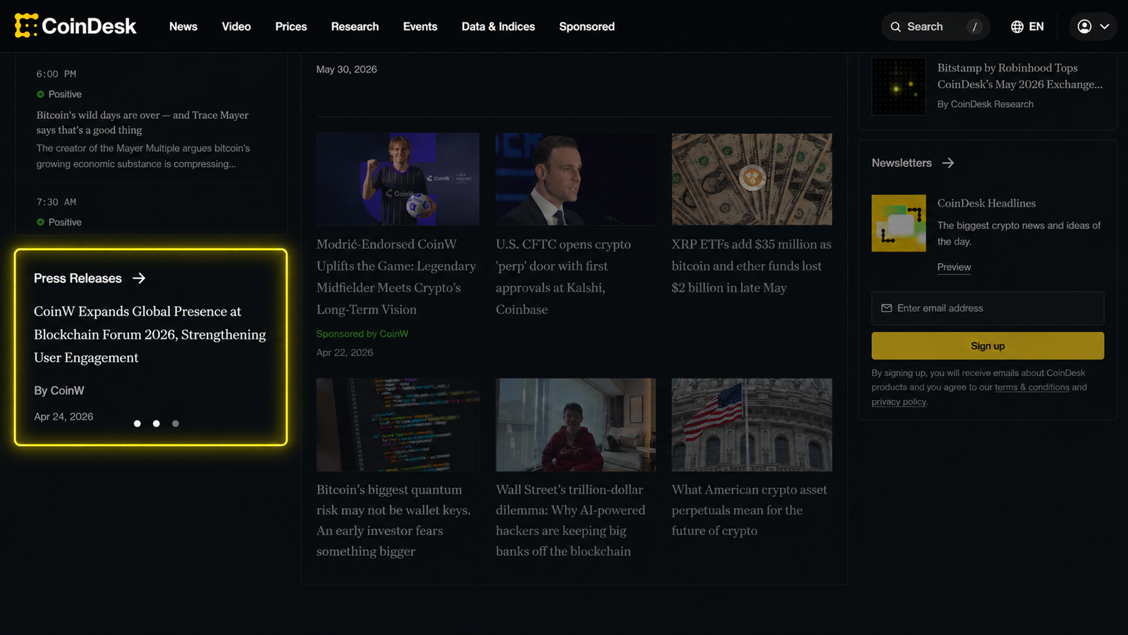 CoinDesk homepage preview